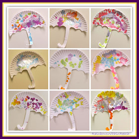 Umbrellas made on paper plates in Preschool (Weather RoundUP at RainbowsWIthinReach) 