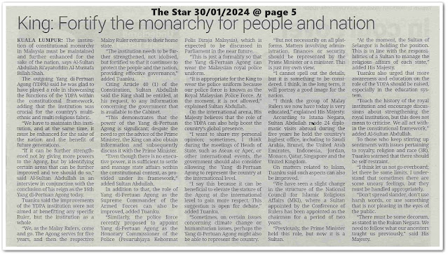 King : Fortify the monarchy for people and nation | Keratan akhbar The Star 30 January 2024