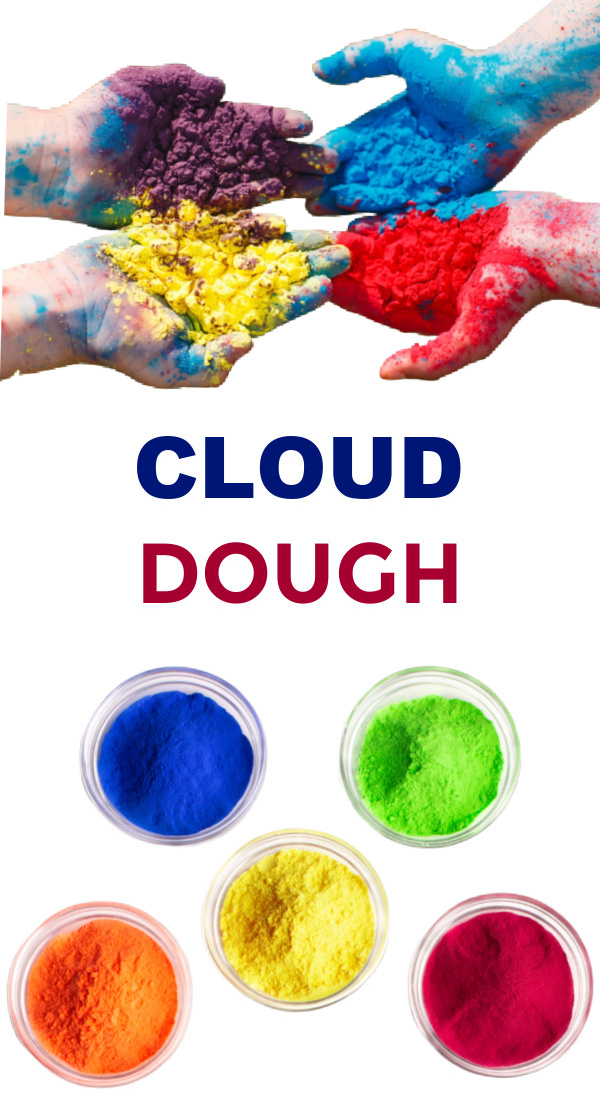 Make cloud dough in every color of the rainbow with this easy recipe for kids! #clouddough #clouddoughrecipe #coloredclouddough #rainbowclouddough #growingajeweledrose #activitiesforkids