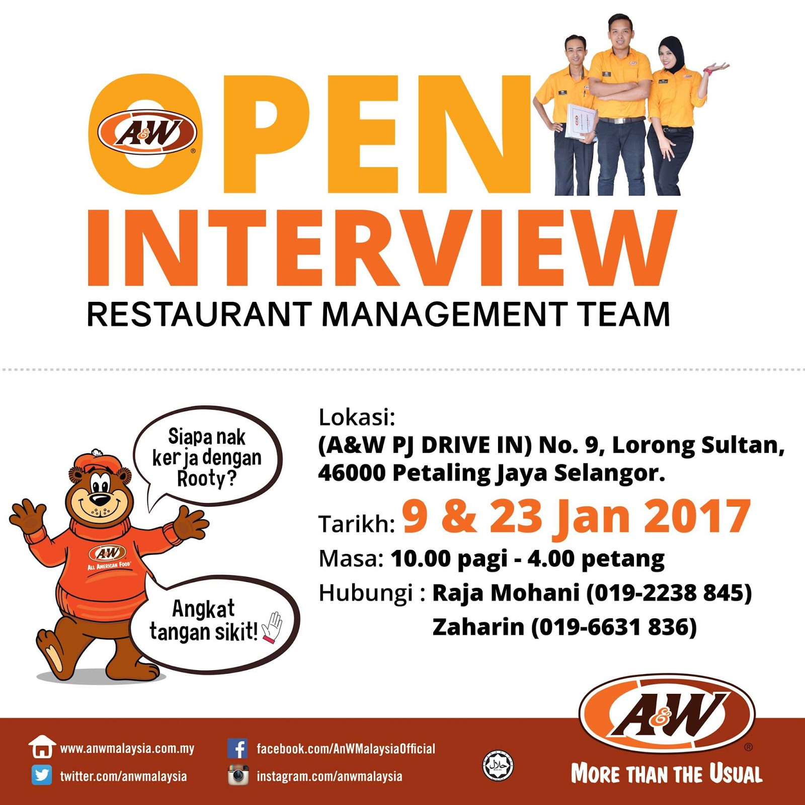 A W Restaurant Pj Drive In Open Interview For Management Team 10am 4pm 23 January 2017