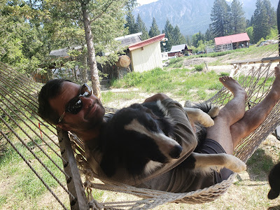 Image shows Max laying in a hammock, holding Ricky (dog) in his arms. They are both looking towards the camera. It is a sunny day, Max is wearing shorts and a t-shirt and sunglasses.