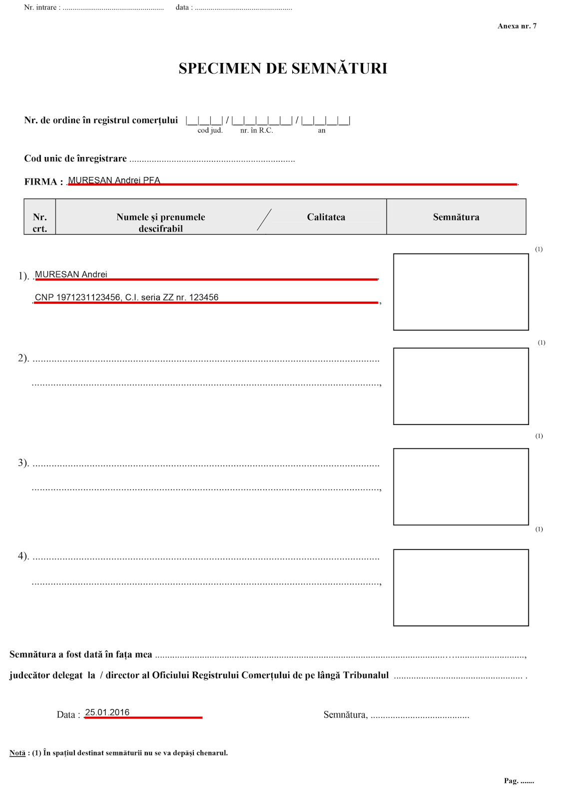 Cerere inregistrare in registrul comertului model completat