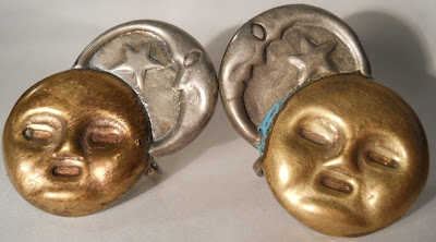 Vintage 1940s William Spratling Mexican Jewelry   Sterling Silver and Copper Sun and Moon Faces   Brooch and Earrings Set 