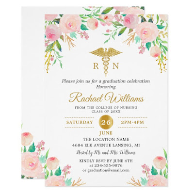  Pink Watercolor Floral Gold Nurse Graduation Party Invitation