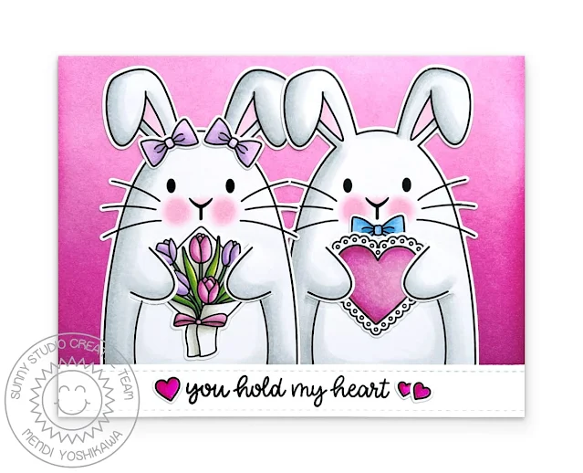 Sunny Studio Blog: You Hold My Heart Valentine's Day Card by Mendi Yoshikawa using Big Bunny & Heart Bouquet Clear Stamps