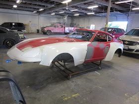 Larry Oka 1972 Datsun 240Z Race Car Shell undergoing body repairs.