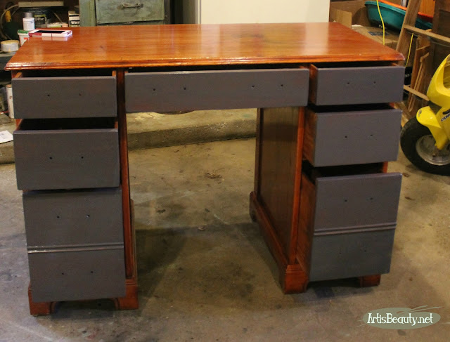 QUEENSTOWN GRAY GENERAL FINISHES EXECUTIVE DESK MAKEOVER BEFORE AND AFTER PAINTED AND STAINED DESK 