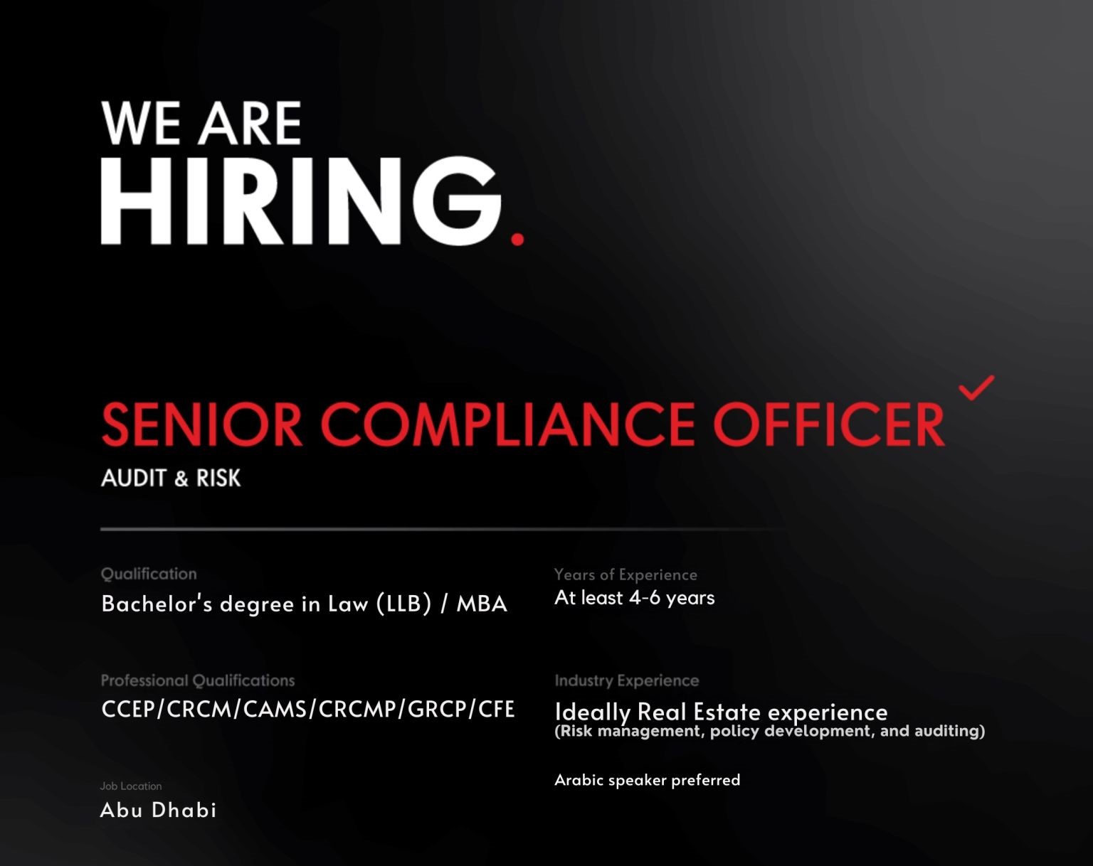 Hiring: Senior Compliance Officer | IMKAN Properties | Latest Jobs in Abu Dhabi 2025