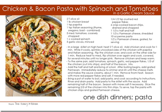 chicken & bacon pasta with spinach and tomatoes in garlic cream sauce copy