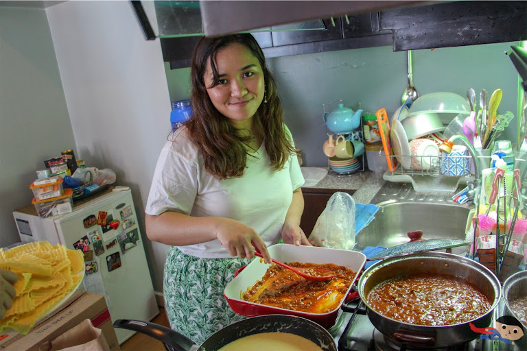 Jieza Varela cooking lasagna for "What's Cooking" Challenge