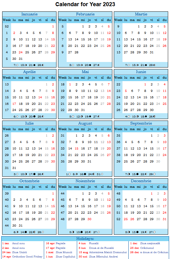 Calendarul printabil pentru anul 2023