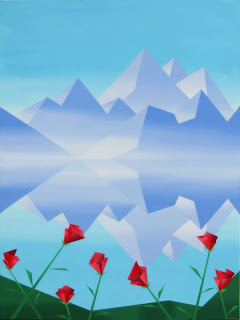 Daily Painters, Daily Paintings, Abstract Mountain Lake with Red Flowers Painting - Daily Painting Blog - Original Oil and Acrylic by Artist Mark Webster