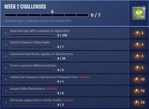 Fortnite Season 4 Week-7 Challenge List showing all the seven challenges