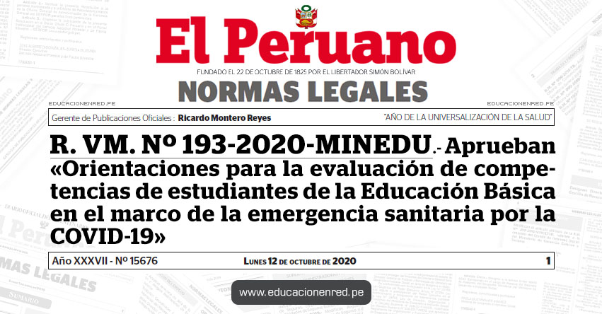 R. VM. Nº 193-2020-MINEDU.- Aprueban «Orientaciones para la evaluación de competencias de estudiantes de la Educación Básica en el marco de la emergencia sanitaria por la COVID-19»