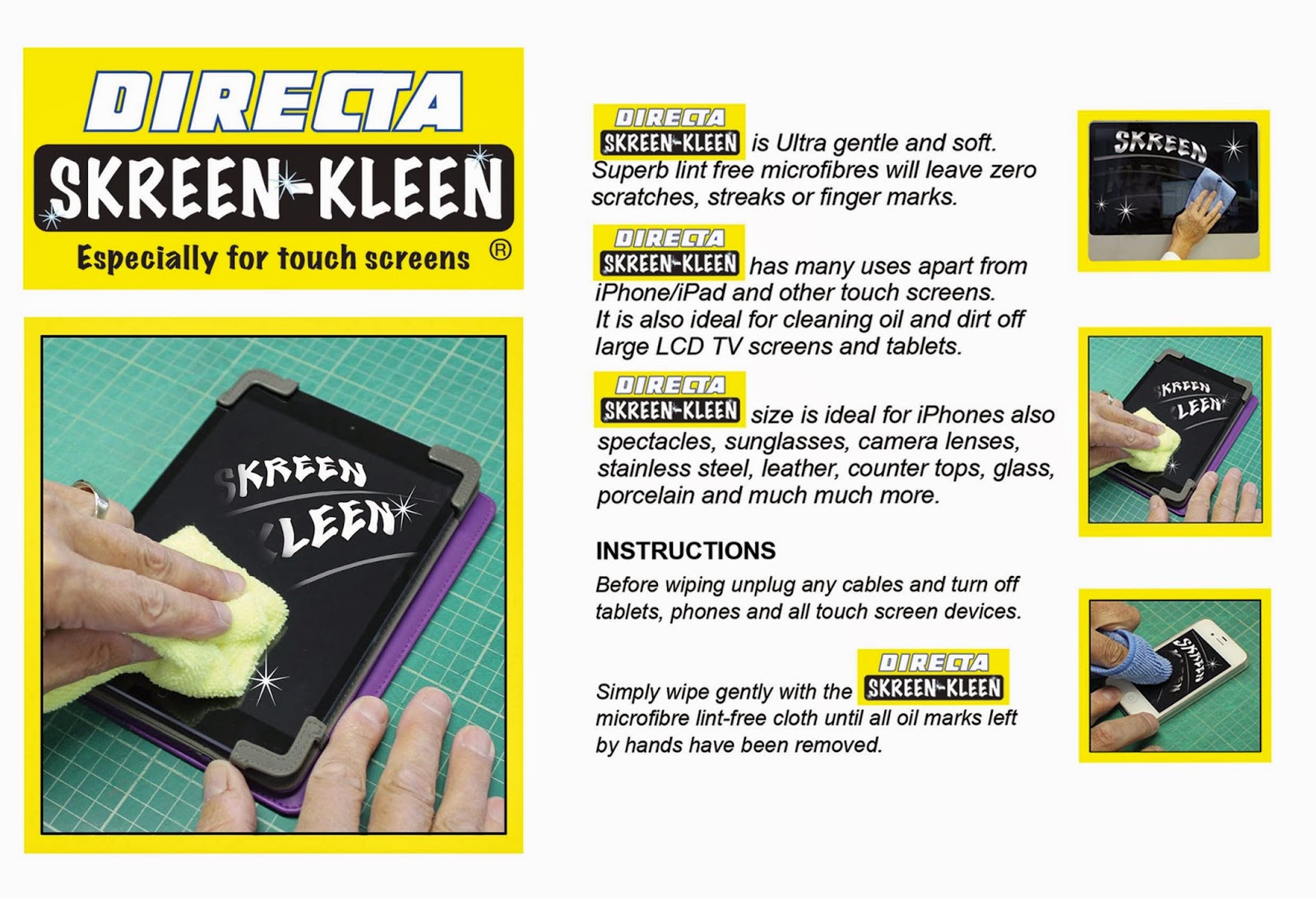 Gaffa Skreen Kleen cloths are gentle and soft, lint free and will leave no scratches, streaks or finger marks which make them an ideal cloth for cleaning your screens. Perfect for cleaning up computer screens, ipads, mobile phone screens, sunglasses and much much more. 