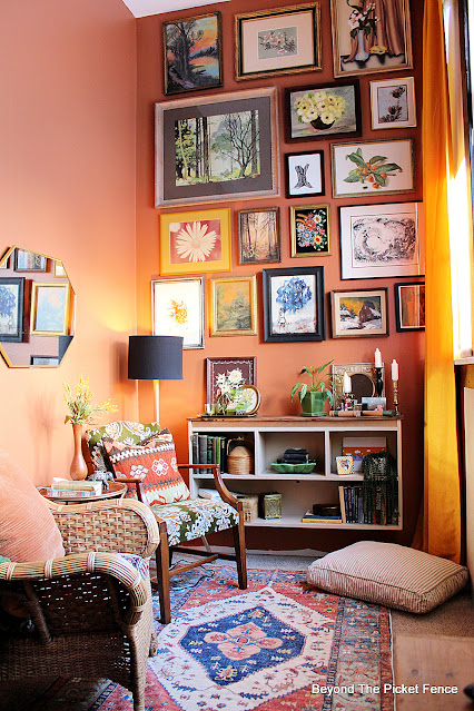 Cozy Golden Bedroom Reading Nook and Gallery Wall
