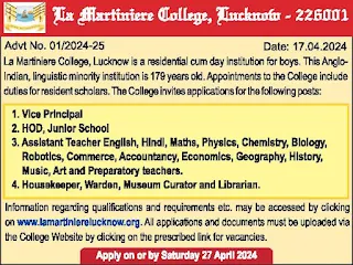 La Martiniere College Lucknow Teaching and Non Teaching Positions Recruitment 2024