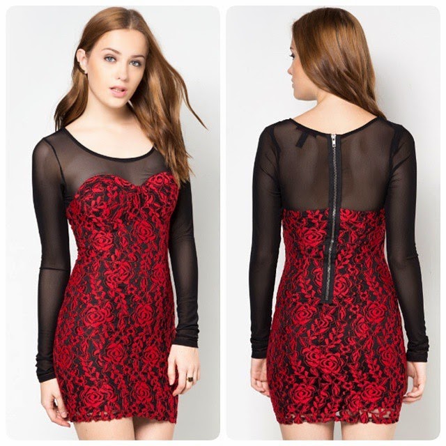 Sexy black and red lace mini dress with mesh