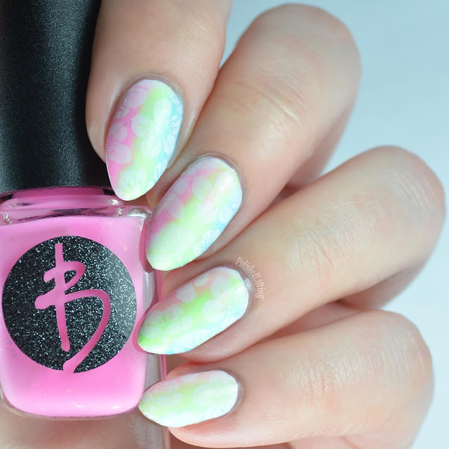 neon gradient nail art with tropical flowers