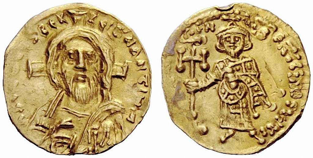 Moeda cunhada pelo imperador Justiniano II (687-692) Nela aparece Cristo com os rasgos do Santo Sudário.