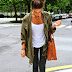 Khaki Jacket With White Singlet And Black Denim Jeans