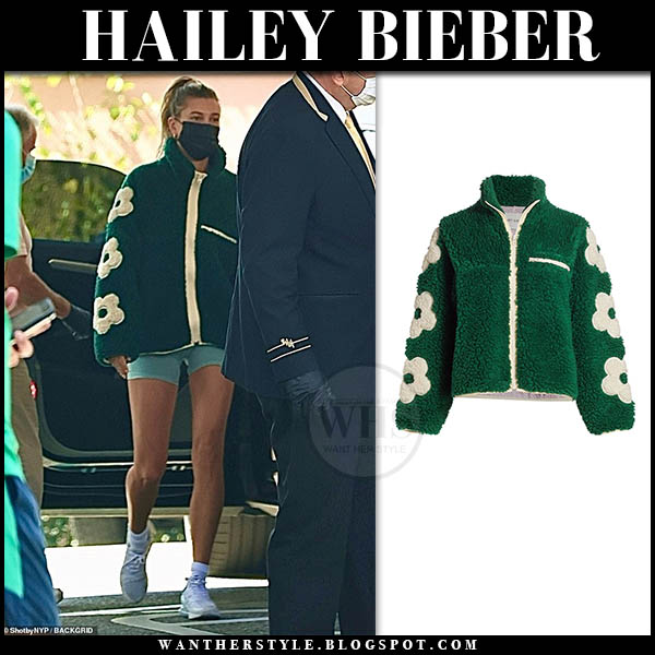 Hailey Baldwin in green floral fleece jacket and shorts