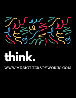 Black box with colorful squiggles - the word "think" is in white print. The web address, www.musictherapyworks.com, is written below the word.