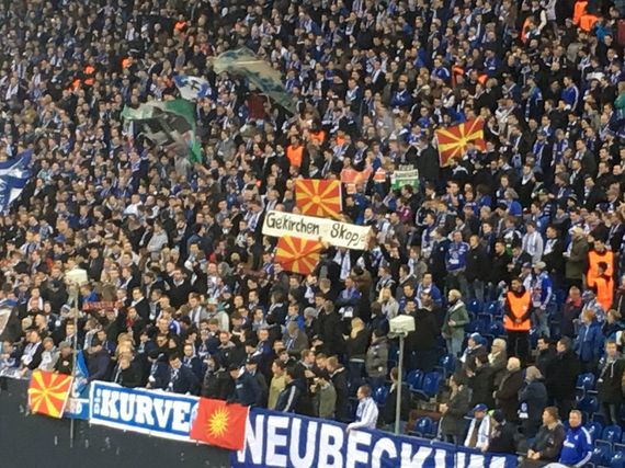 Schalke fans welcomes Greek team with Macedonian Flags