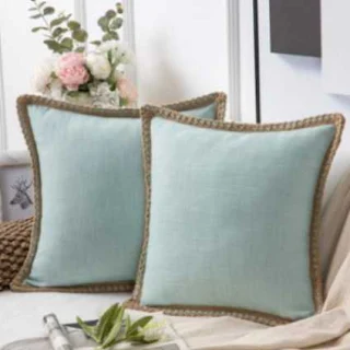 Phantoscope Pack of 2 Farmhouse Decorative Throw Pillow Covers - Solid Pattern for Home Burlap Linen Trimmed Tailored Edges