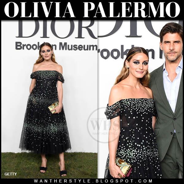 Olivia Palermo in black off shoulder embellished gown and black sandals New York Fashion Week