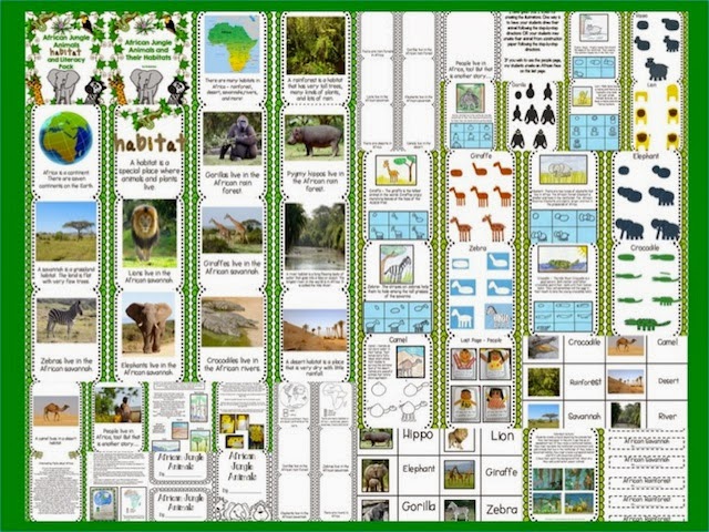 http://www.teacherspayteachers.com/Product/African-Jungle-Animals-Habit-and-Literacy-Pack-137610