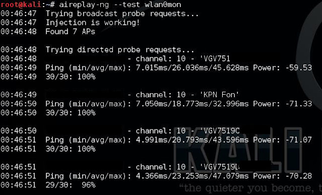 اختبار الحقن Packet Injection - aireplay-ng --test wlan0mon