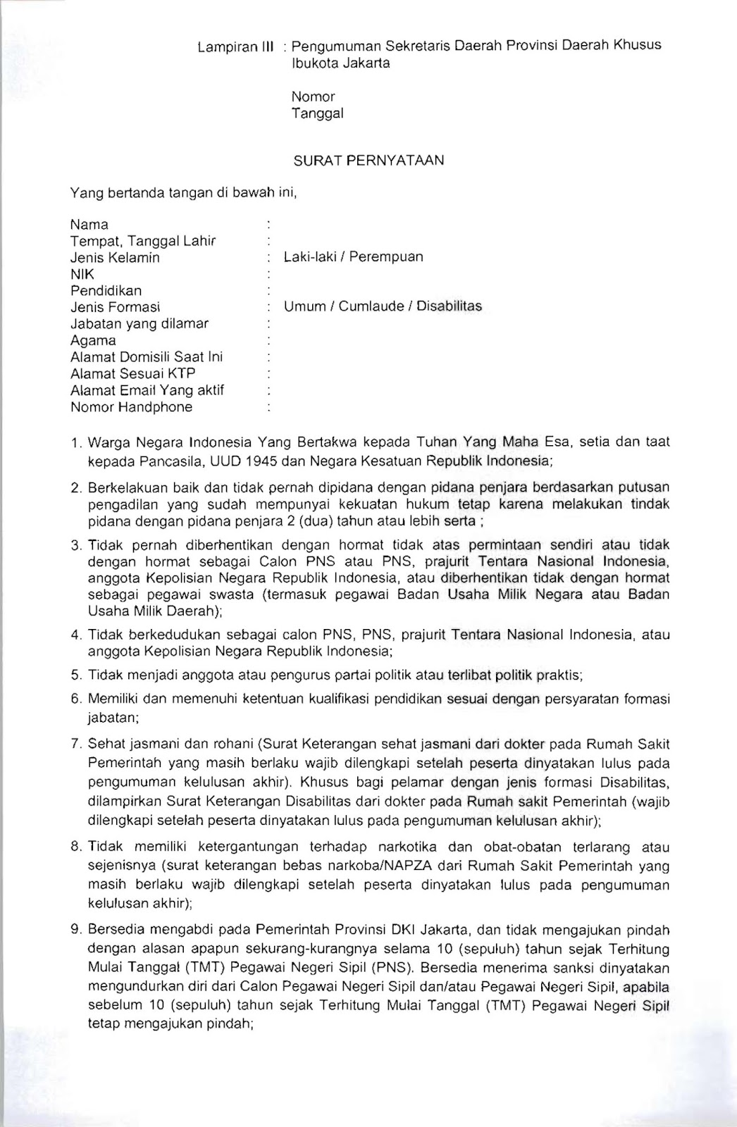 Format Surat Lamaran Dan Surat Pernyataan Cpns Dki Jakarta Tahun 2019 Rekrutmen Lowongan Kerja Bulan Januari 2021