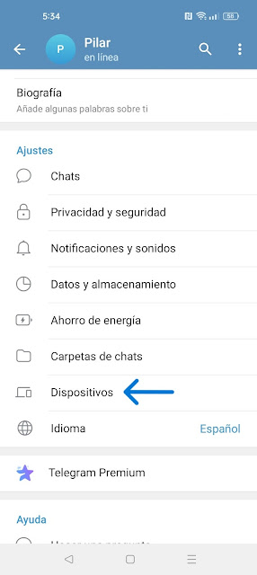 Ver en que dispositivos inicie sesión en Telegram