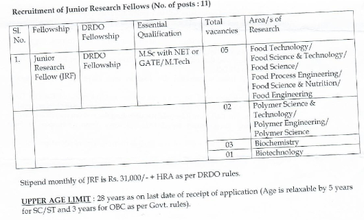 Recruitment of various post in  DEFENCE    FOOD   RESEARCH    LABORATORY