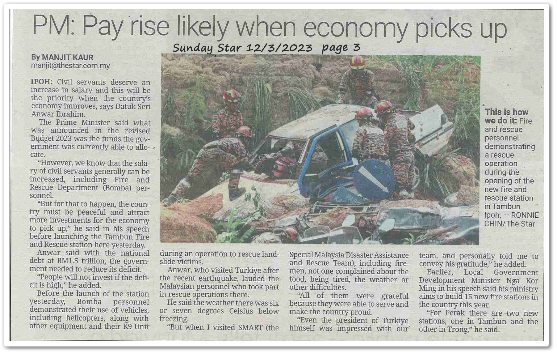 PM : Pay rise likely when economy picks up - Keratan akhbar Sunday Star 12 March 2023