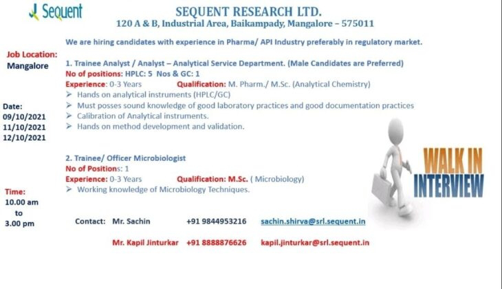 Job Availables,Sequent Research Ltd. Job Vacancy For MSc/M.Pharm