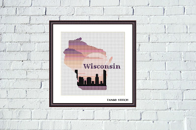 Wisconsin USA state map skyline sunset cross stitch pattern