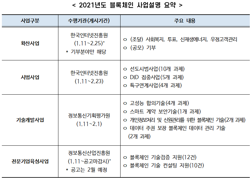 ▲ 2021년도 블록체인 사업설명 요약