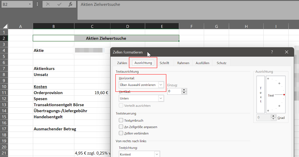 Agile Excel Text über Zellen hinweg zentrieren, ohne sie Zusammenzuführen