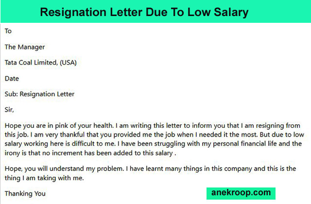 resignation letter due to low salary