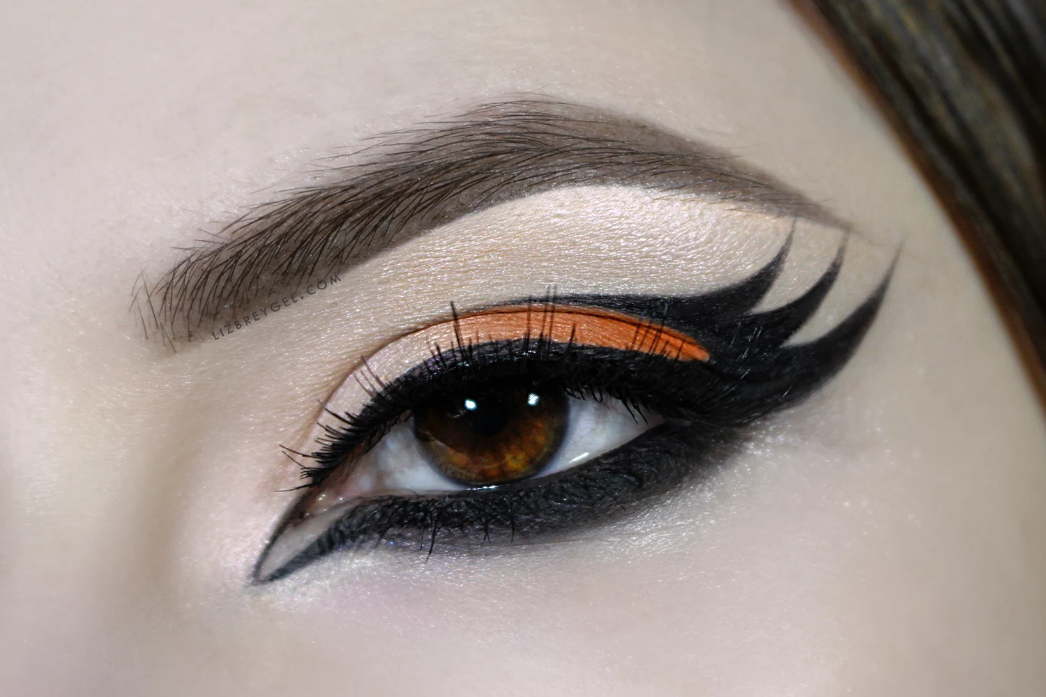 a close-up picture of an eye with a dramatic, Gothic eyeliner makeup.