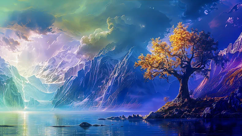 Enchanting digital landscape of a solitary golden-leaved tree on a lakeshore, with majestic purple mountains and a luminous, cloud-streaked sky reflecting on the water at sunset.