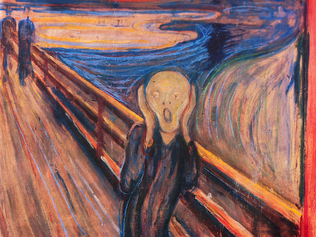 a famous expressionist painting by edvard munch featuring a screaming figure on a bridge
