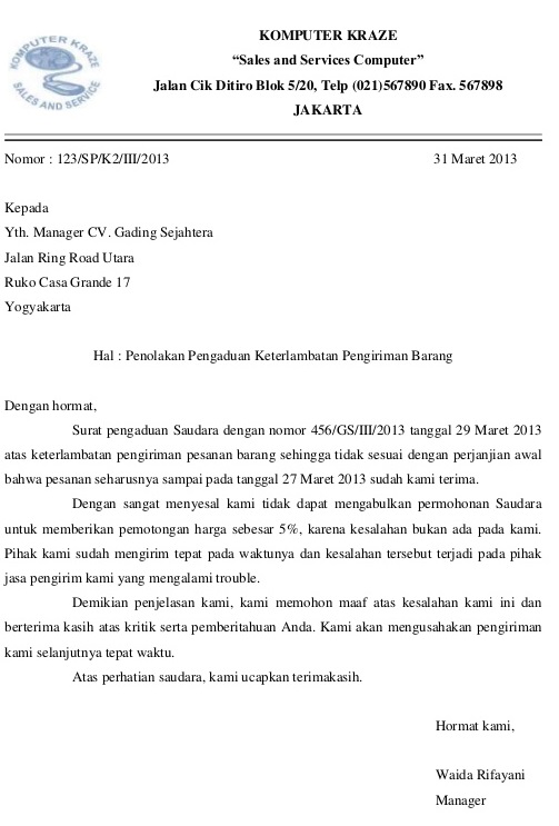 Contoh Surat Penolakan Pengaduan Keterlambatan Pengiriman 