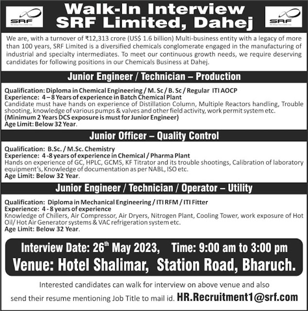 SRF Ltd Gujarat Walk In Interview For Diploma Chemical/ MSc/ BSc/ AOCP/ Mechanical - Production/ QC/ Utility Dept