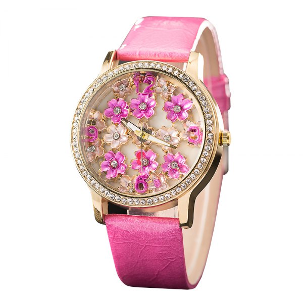 GREALY Women Stereo Flower Watch Leather Belt Decorative Watches