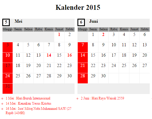 Kalender Mei - Juni 2015