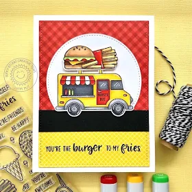 Sunny Studio Stamps: Cruisin' Cuisine Frilly Frame Dies Stitched Semi-Circle Dies Punny Card by Lynn Put