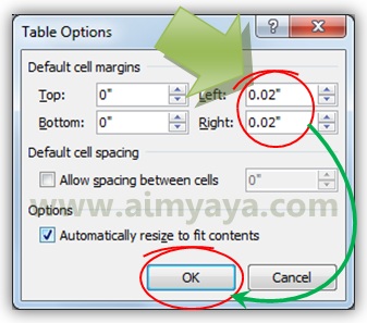  Gambar: Mengatur jarak teks pada tabel microsoft word 2010